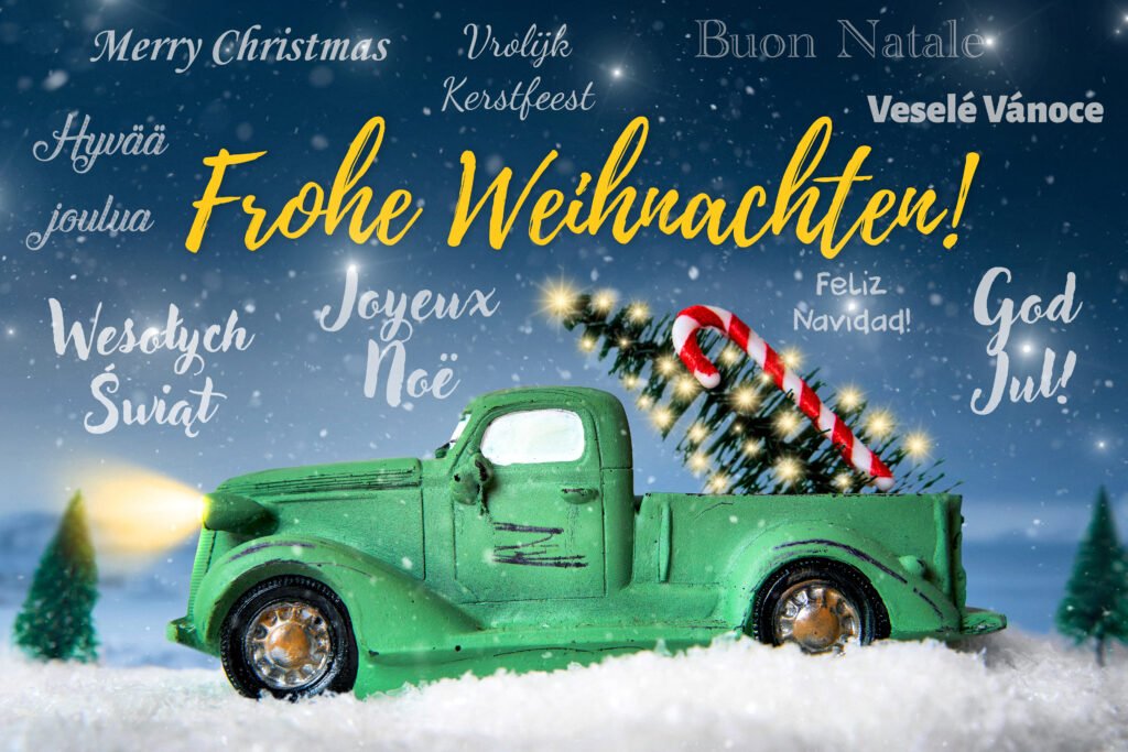 Frohe Weihnachten Gruß 2025 – mehrsprachiges Weihnachtsbild mit Auto, Tannenbaum und Schnee