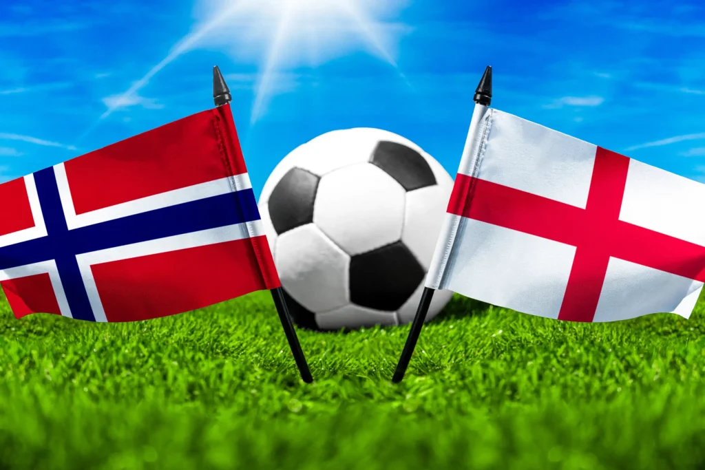 Norwegen gegen England – Fußball mit Nationalflaggen