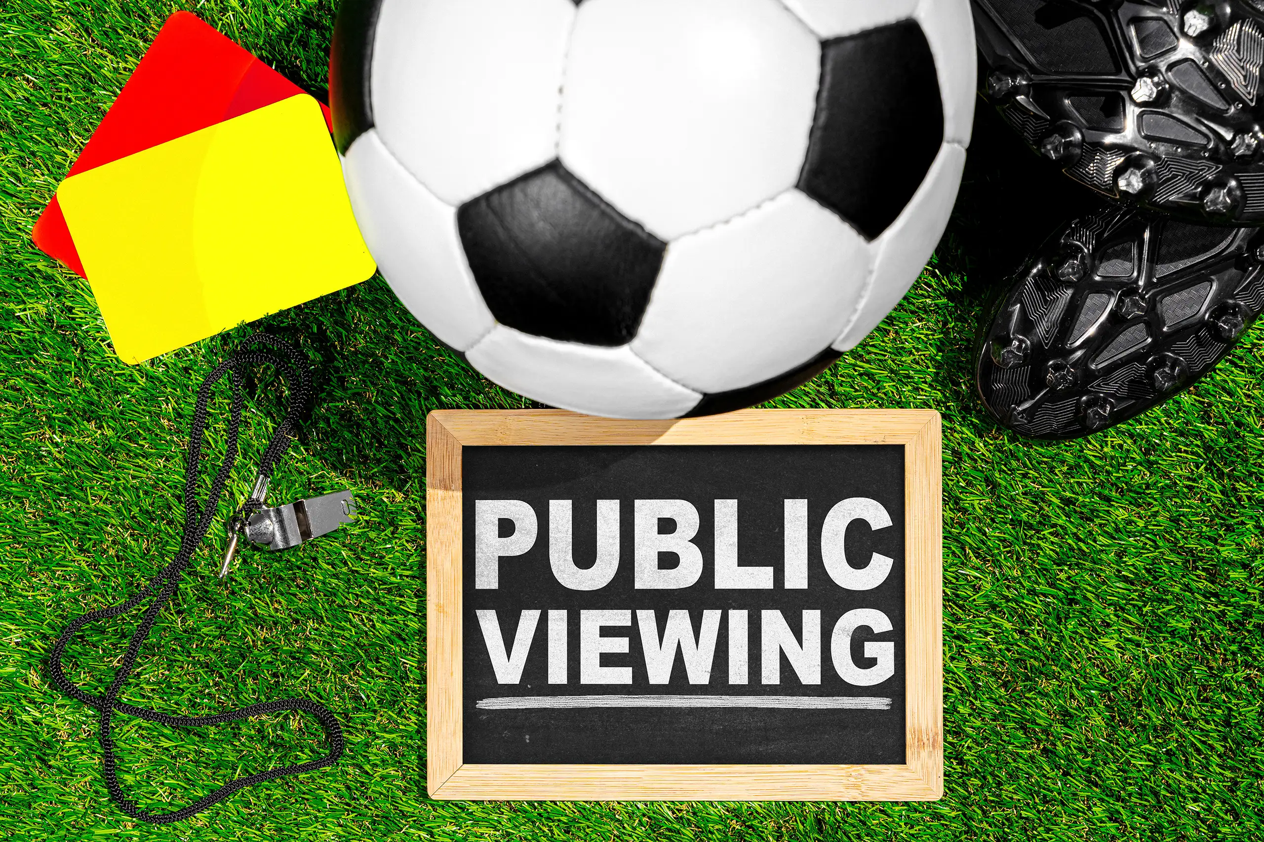 public-viewing-schild mit fußball, schiedsrichterpfeife und karten auf rasen.