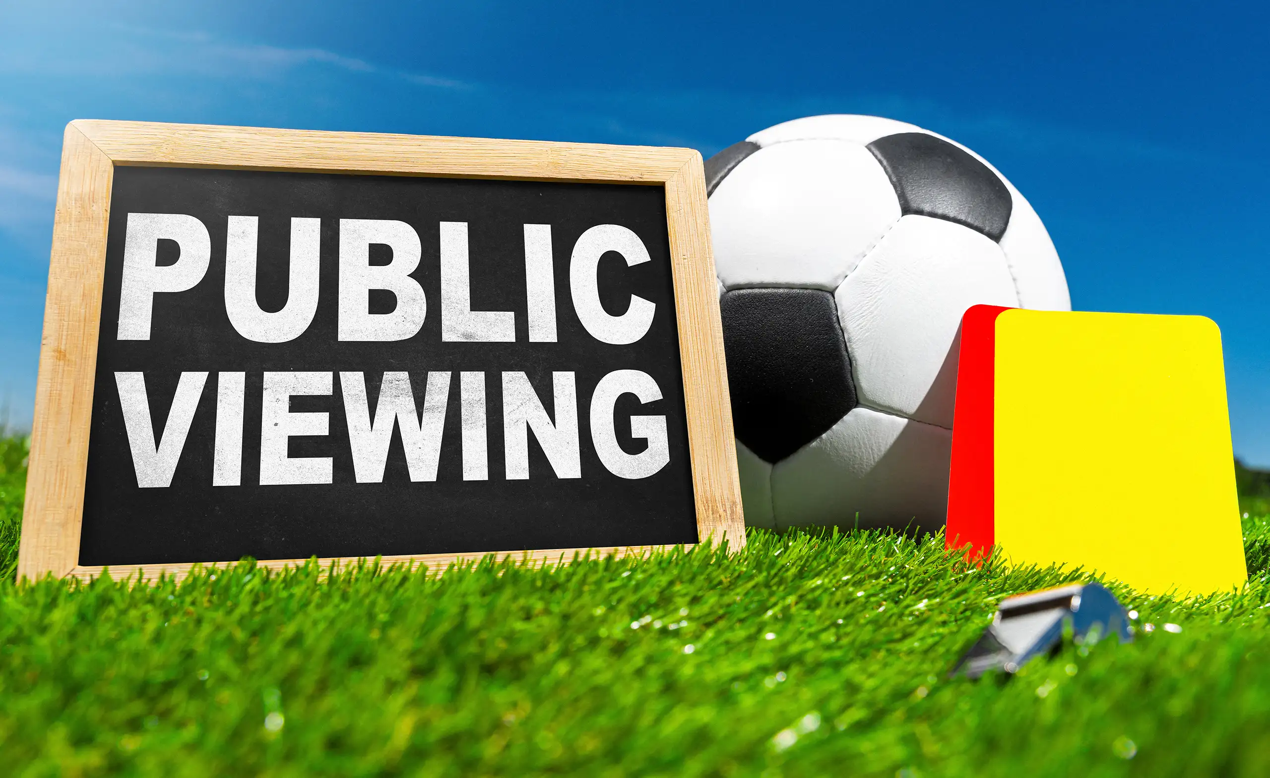 public viewing mit fußball, kreidetafel, gelber und roter schiedsrichterkarte auf grünem rasen.