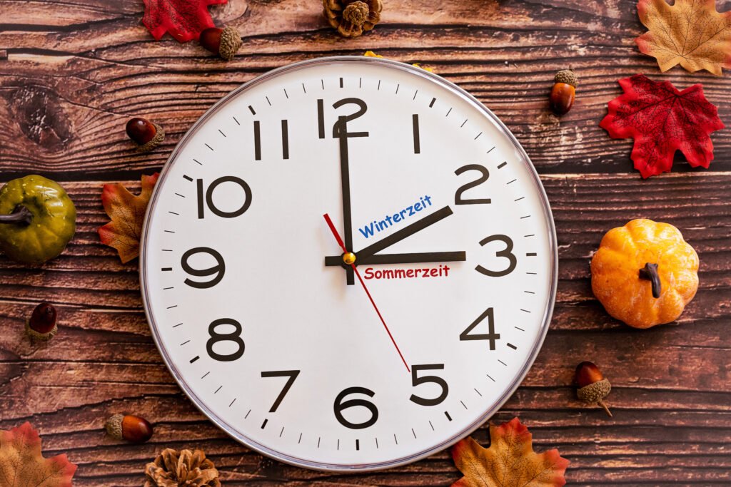 Winterzeit Bild mit Uhr und Beschriftung Sommerzeit und Winterzeit, umgeben von buntem Herbstlaub als Symbol für die Zeitumstellung