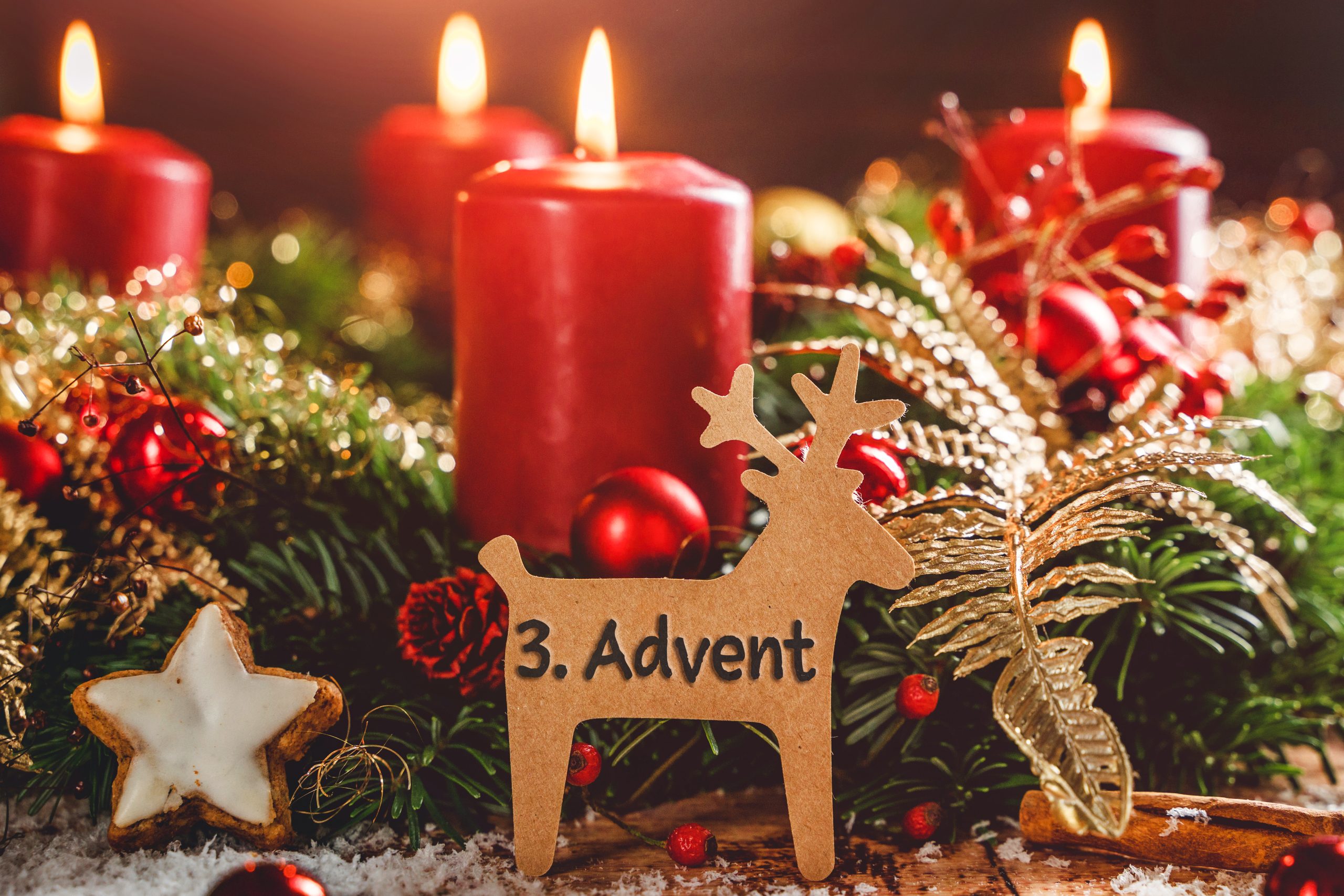 3. advent – adventskranz mit kerzen und elchfigur