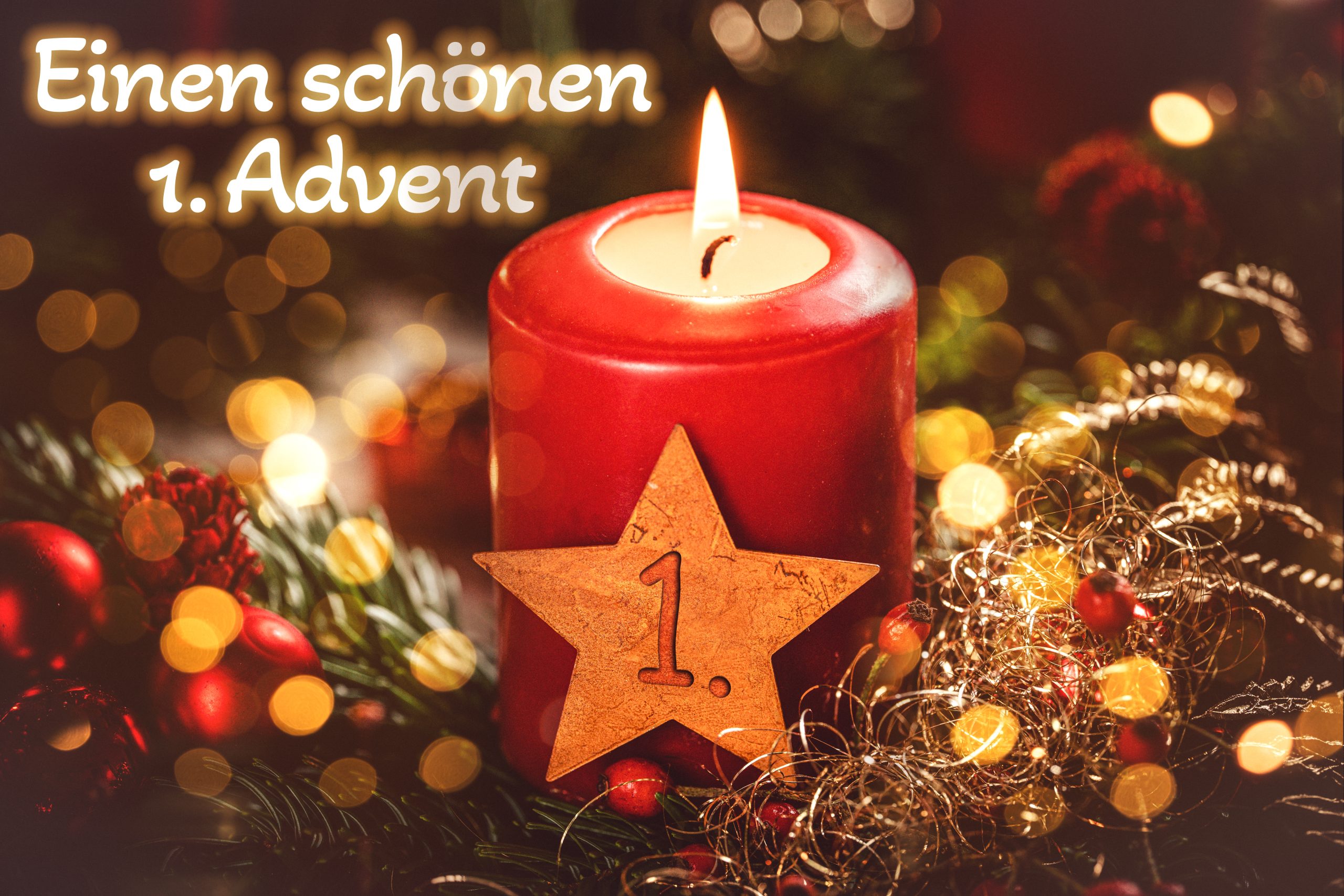 schönen 1. advent gruß mit einer roten brennenden kerze