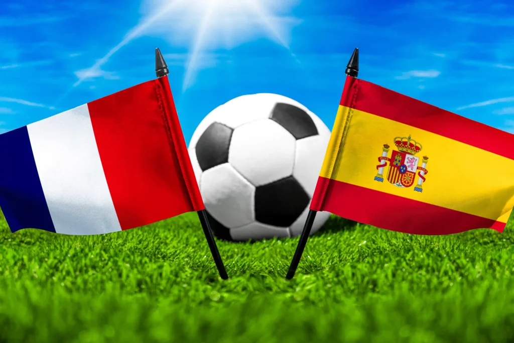 Frankreich gegen Spanien – Fußball mit Nationalflaggen
