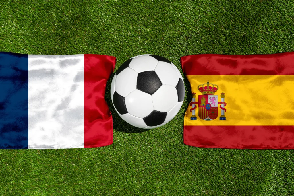 Frankreich vs Spanien – Nationalflaggen und Fußball