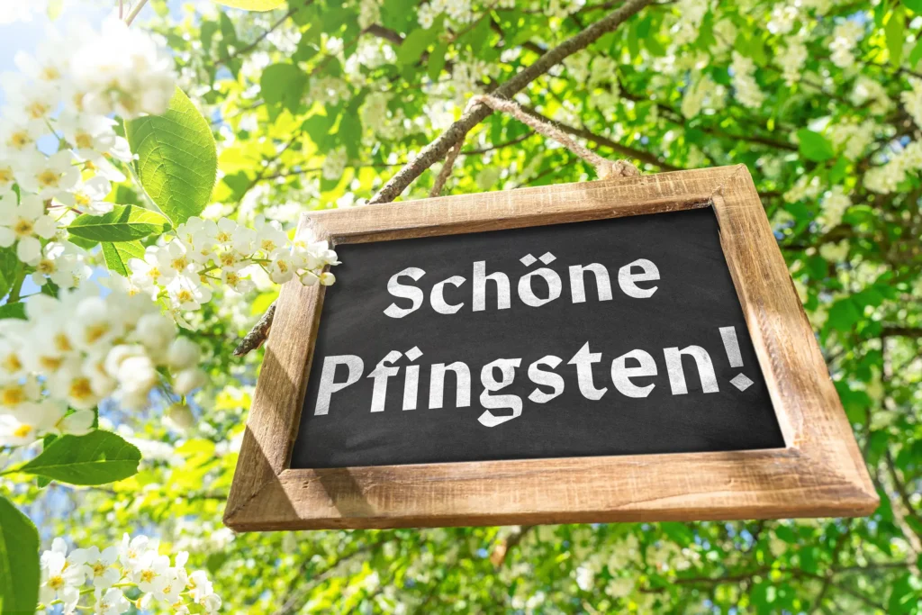 Holztafel mit der Aufschrift Schöne Pfingsten zwischen weißen Blüten und grünen Zweigen im warmen Sonnenlicht.