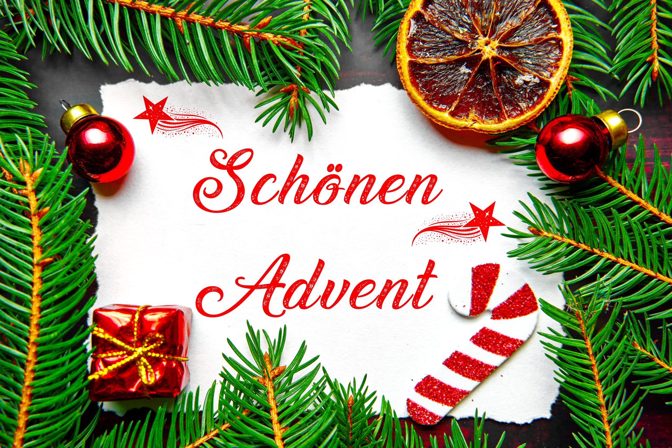 adventsgruß, schönen advent, schriftzug auf einer grußkarte