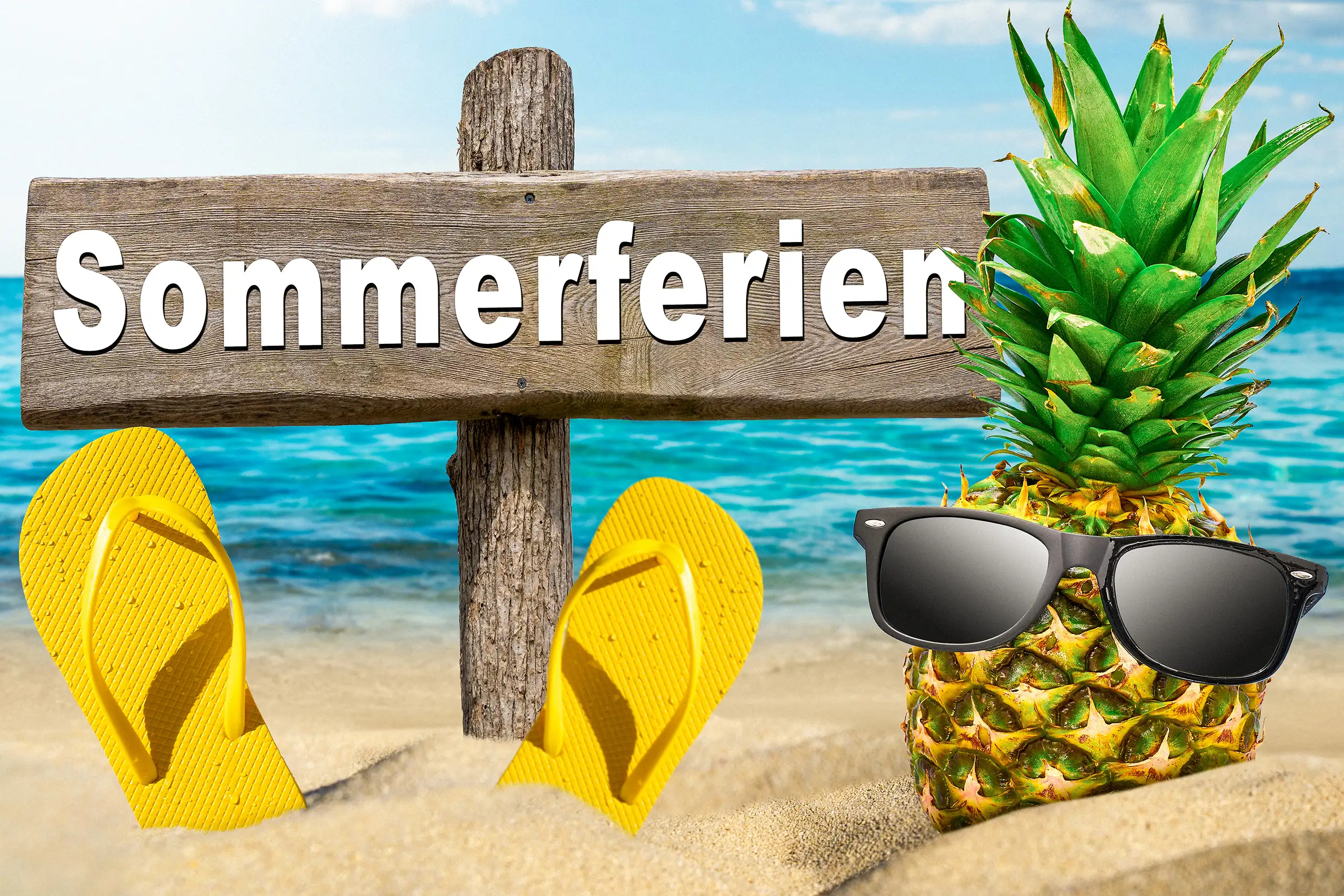 Sommerferien am Strand mit Holzschild, Ananas mit Sonnenbrille und gelben Flip-Flops im Sand.