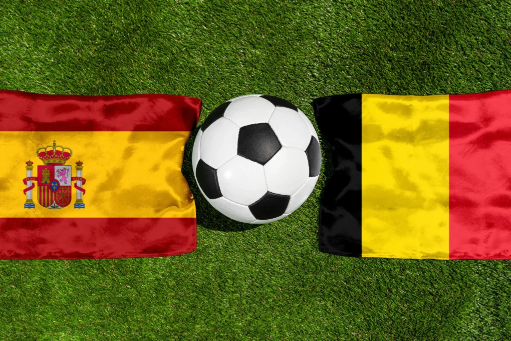 Spanien gegen Belgien – Fußball mit Nationalflaggen