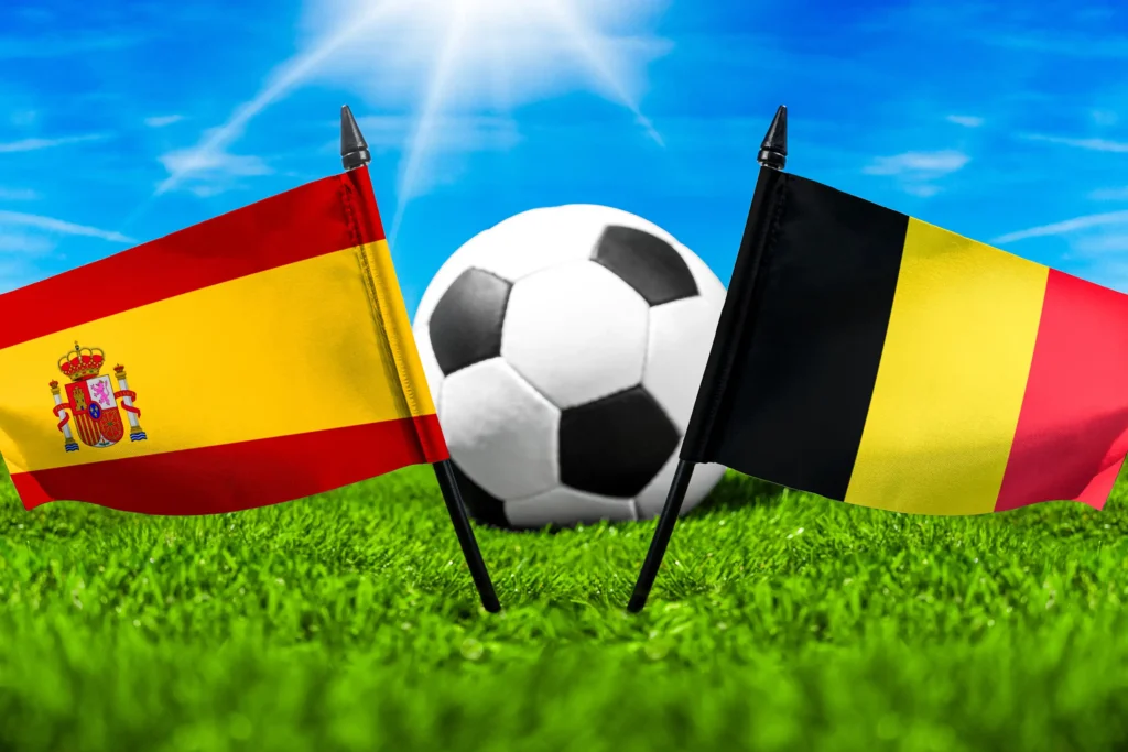 Spanien vs. Belgien – Fußball mit Nationalflaggen